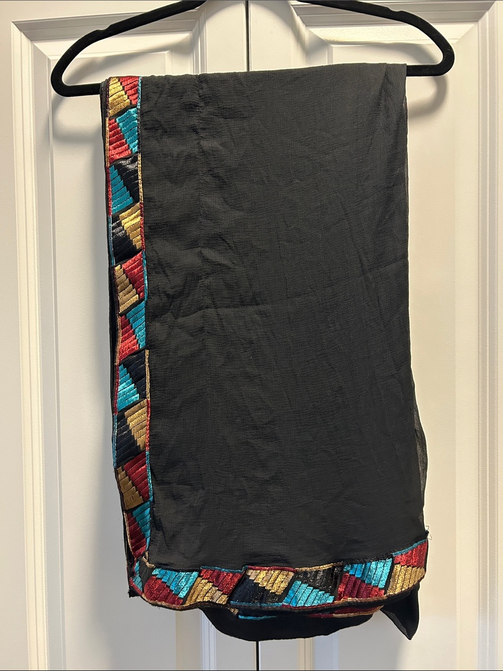 Black Geometric Embroidered Trim Women's Shawl/Scarf